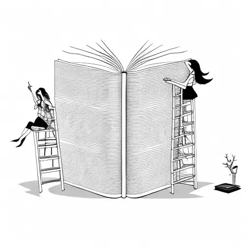 Woman With A Ladder Descending Into A Book Full Of Texts