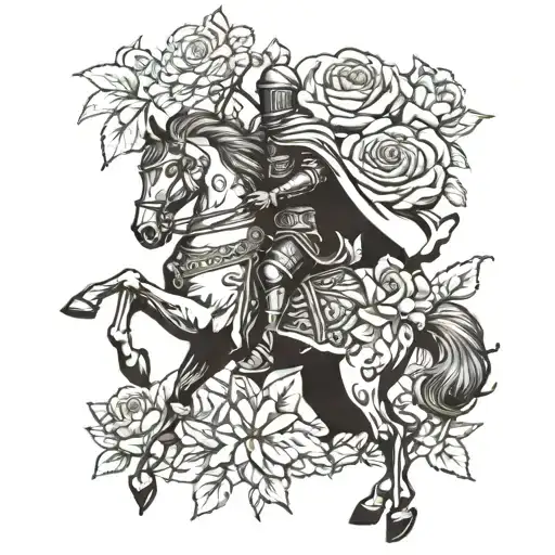 Knight On Horse And Roses Mayflowers Hibiscus