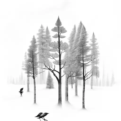 Dark Forest With A Flock Of Crows
