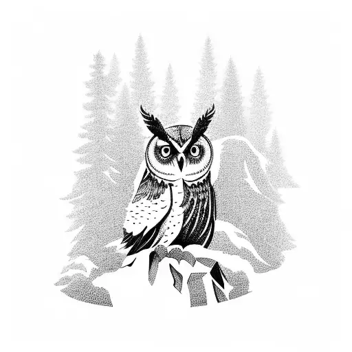 A Majestic Owl Perched On A Mountain Peak Surrounded By Pine Trees