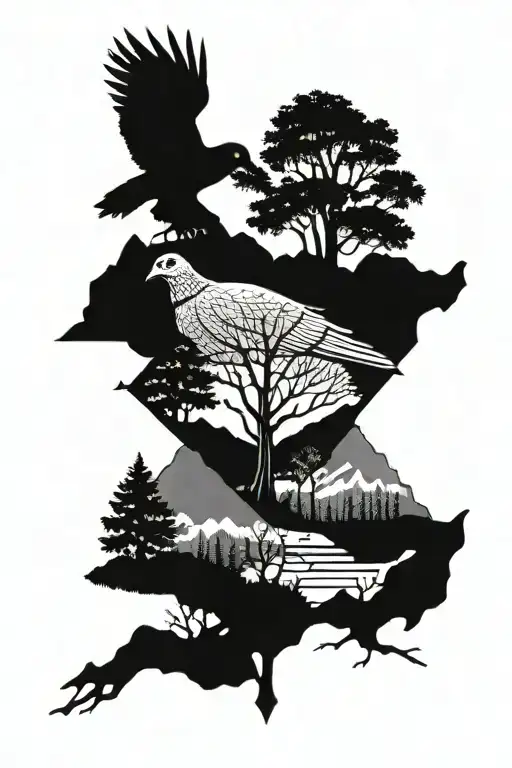 Trees And Mountains And A Pigeon And Family Tree Intertwined