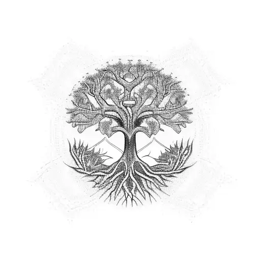 A Tree Of Life With Intricate Symbols Representing Different Aspects Of Nature