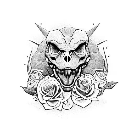 T-rex Skull Entwined With A Snake And Surrounded By A Bed Of Roses