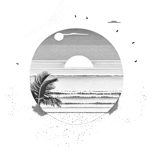 A Serene Sunset Beach Scene With Palm Trees And Crashing Waves