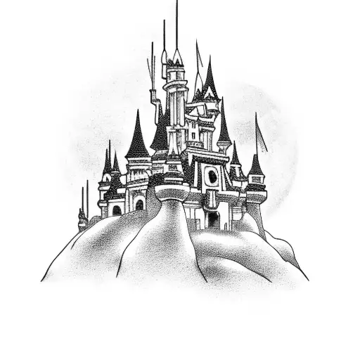 A Tattoo Of A Disney Castle With A Dark Moon In The Background