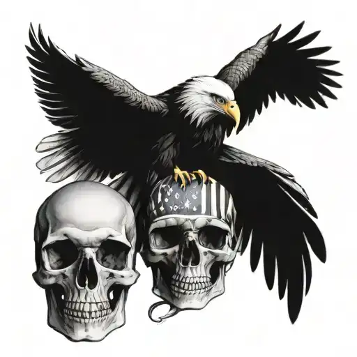 Eagle Perched On Skull With American Flag