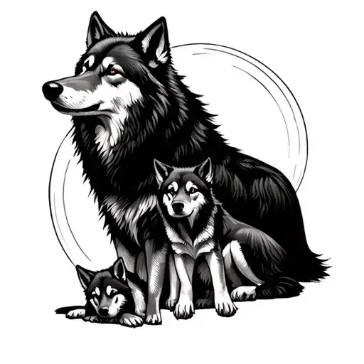 Wolf With Two Wolf Pups