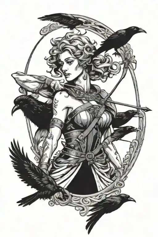Diana The Huntress Holding Bow With Raven Flying Behind