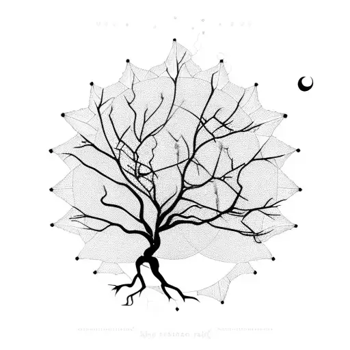 A Blackwork Silhouette Of A Tree Of Life With Sagittarius Constellation Incorporated In Its Branches