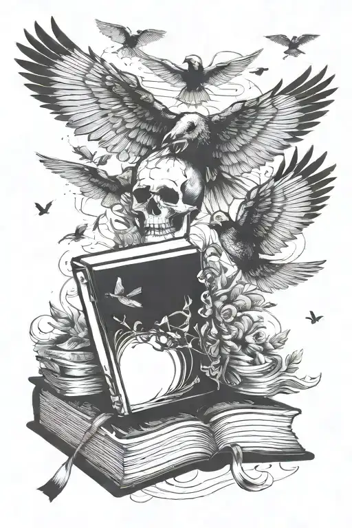 Birds In Flight Coming Out Of Book Incorporate A Skull In The Image