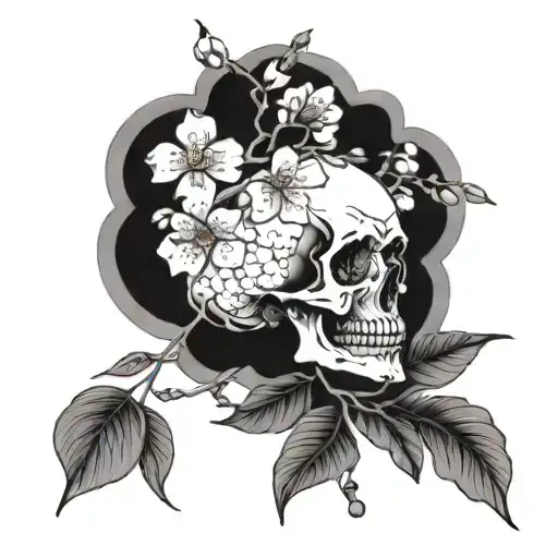 Skull With Cherry Blossom Branches Intertwined