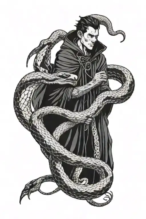 A Man In A Cloak Holding A Giant Snake Wrapped