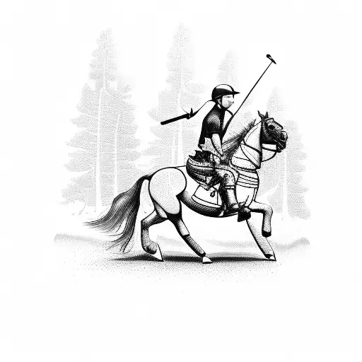 A Blackwork Tattoo Of A Polo Player Riding A Horse In A Dense Forest