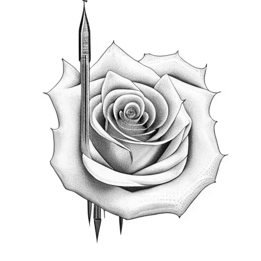 A Stunning Blackwork Design Of A Needle Piercing Through A Vibrant Rose