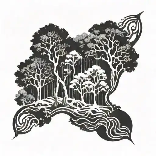 A Mystical Forest Scene With Hidden Faces Among The Trees