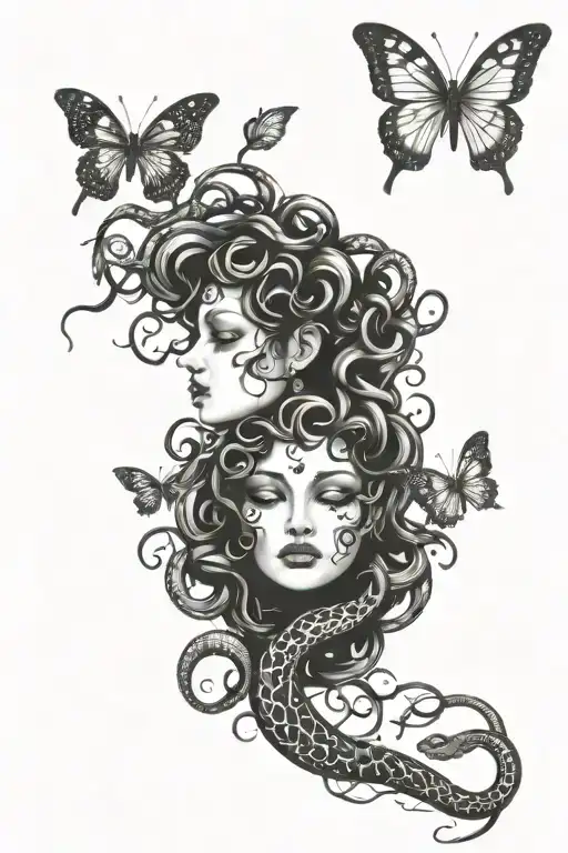 Medusa Scary Snakes And Butterflies Surrounding