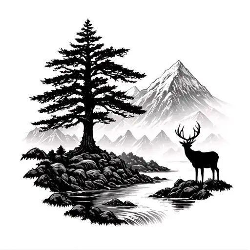 Mountain Range With River Flowing Deer Standing And A Big Tree From The Bottom To Top