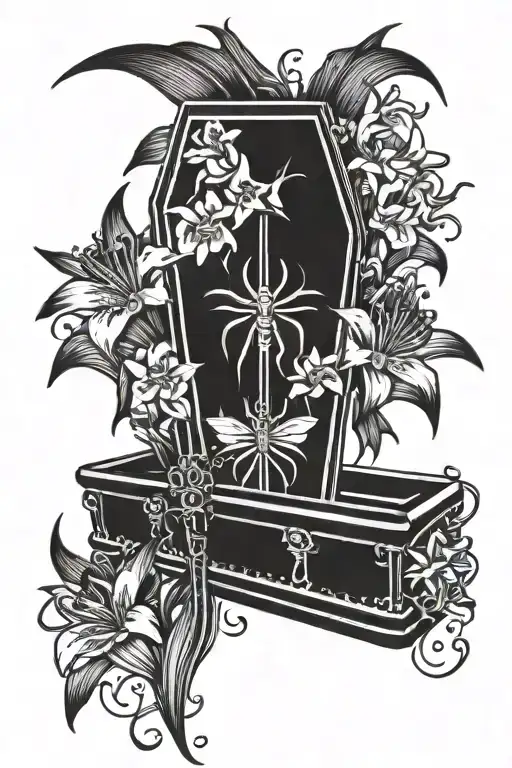 Coffin With The Three Of Swords And Spider Lily Flowers