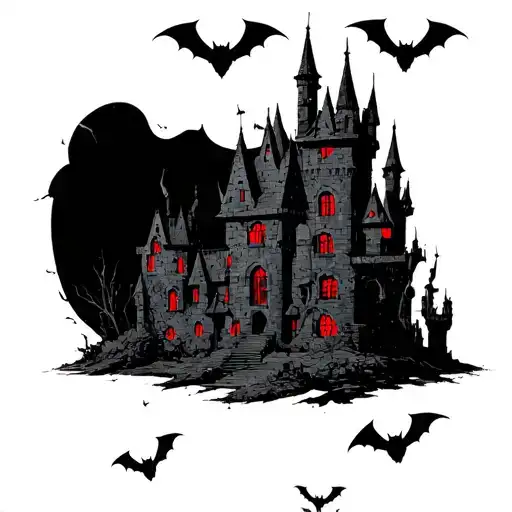 Gothic Creepy Style Black Castle With Red Windows With Bats