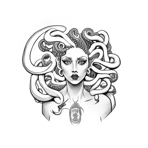 A Fierce Medusa With A Feminist Symbol Incorporated Into Her Hair