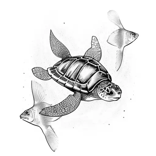 A Taxidermy-inspired Underwater Scene With Swimming Fish And A Preserved Turtle