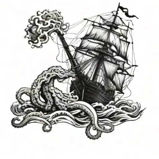 A Complete Gigant Octopus Destroying A Pirate Ship In The Ocean