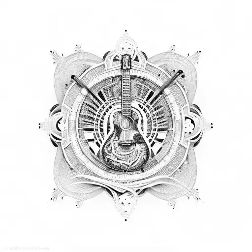 A Guitar With Intricate Details Made Of Film Reels And Music Notes