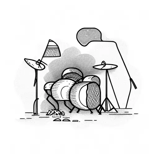 A Drum Set Surrounded By Camping Gear And Plants