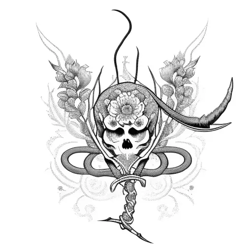 A Scythe Intertwined With A Delicate Floral Pattern