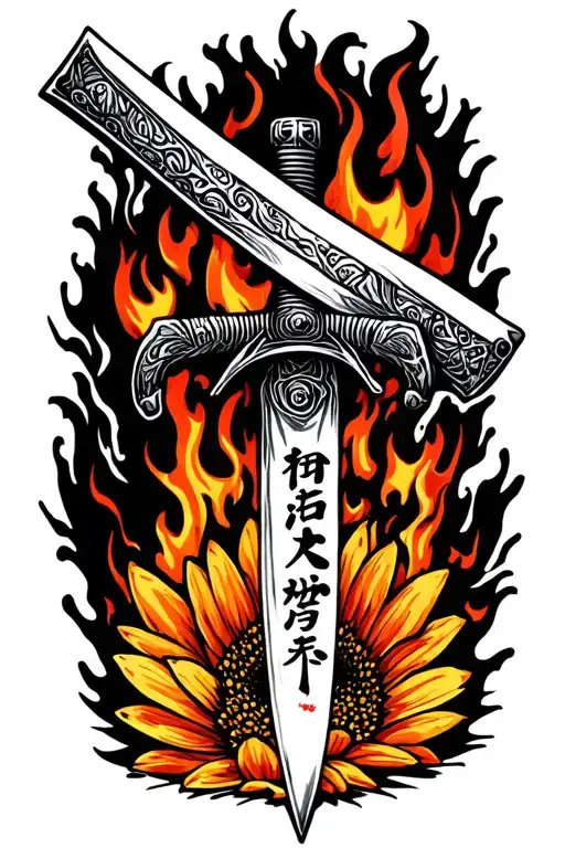 A Katana Blade On Fire With The Name Daisy In Japanese On It