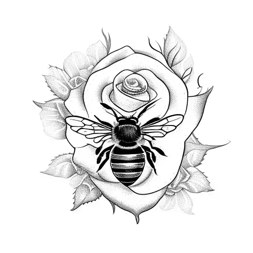A Blackwork Tattoo Of A Bee Pollinating A Lancashire Rose