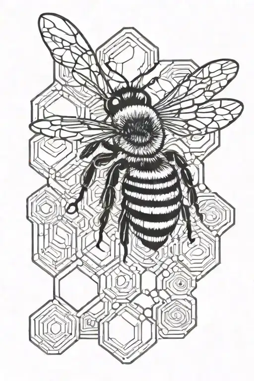 A Geometric Honeycomb Pattern With A Bee Flying Out Of It