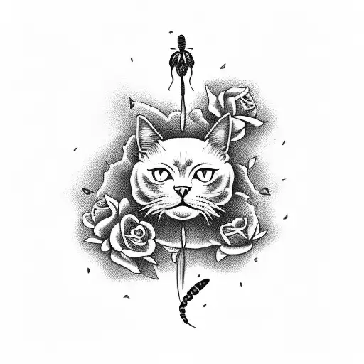 A Black Cat Sitting On A Skulls And Roses With A Dragonfly Perched On Its Tail