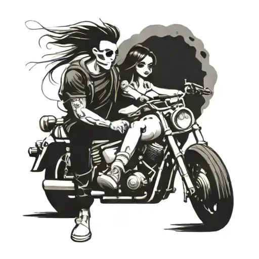 Guy And Girl Half Bones Sitting On Motorcycle