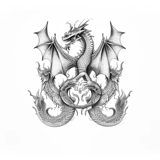 Engraving Style Flying 4 Legged Dragon With Baroque Flourish Designs