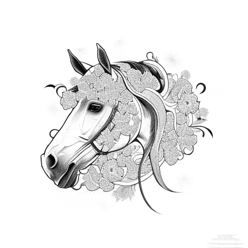 A Horse Head Adorned With Horseshoe Flowers In A Mesmerizing Blackwork Design