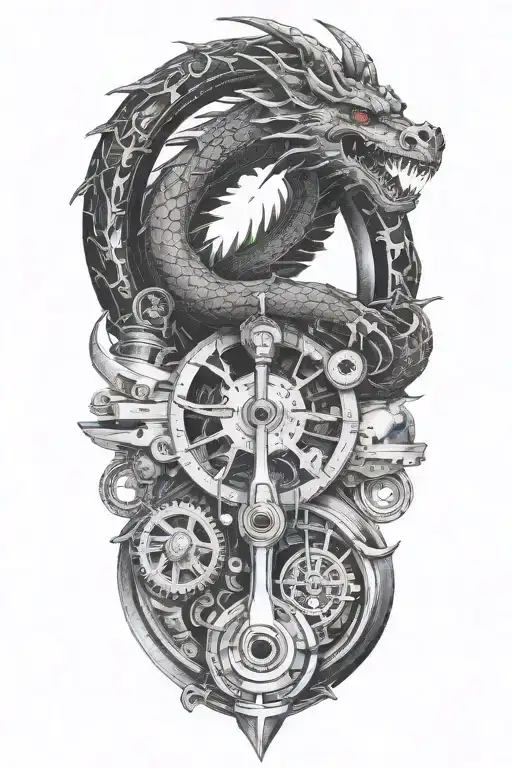 A Mechanic's Toolset Arranged In The Shape Dragon Emerging With A Dark Cercle In The Middle