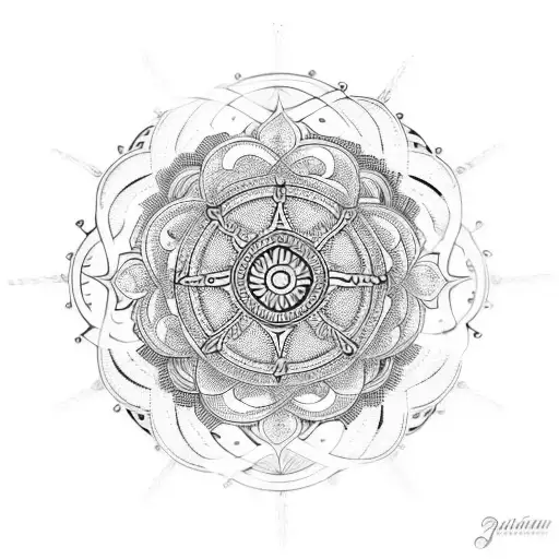 A Mandala Design Incorporating Symbols Of Spiritual Healing And Musical Instruments