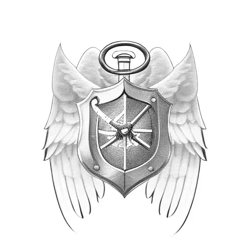 Sword And Shield With Angel Wings And Banner Below