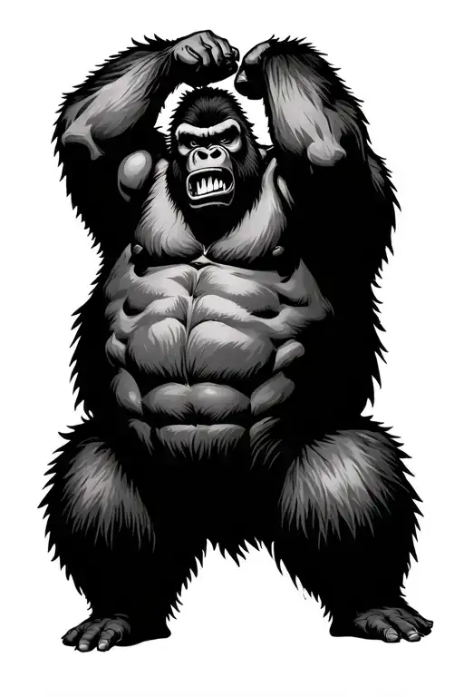 Sideways Facing Standing Angry Gorilla With Arms In The Air Above His Head