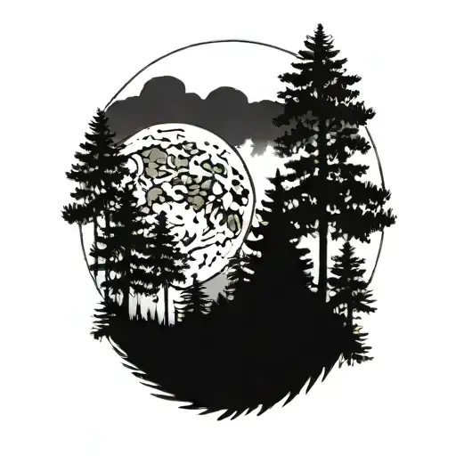 A Dense Coniferous Forest With The Moon Hanging Over It