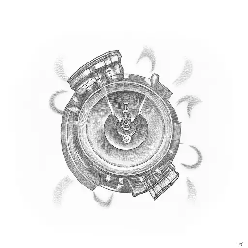 A Blackwork Tattoo Of A Car Engine With Music Notes Flowing Out Of It