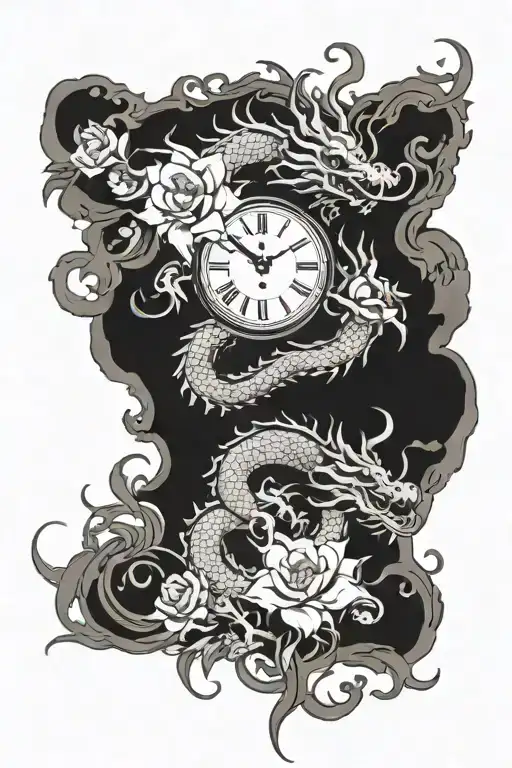 Chinese Dragon And Flowers With A Clock Face