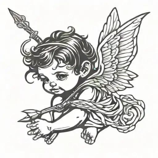A Blackwork Tattoo Of A Baby Cupid Angel With A Bow And Arrow