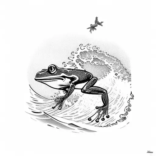 A Frog Riding A Massive Wave On A Surfboard