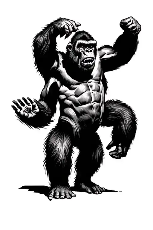Sideways Facing Standing Angry Gorilla With Arms In The Air