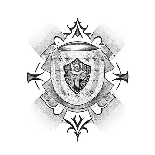 A Majestic Blackwork Tattoo Of A Family Crest With A Football At Its Center