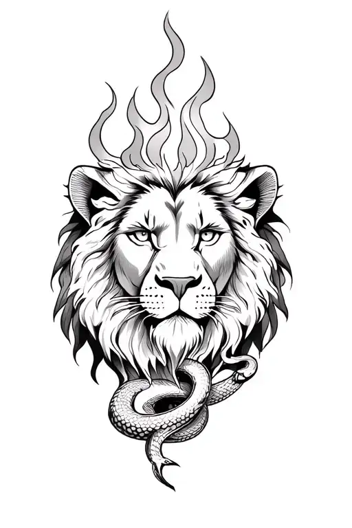Lion's Face With Fire And Snake Intertwined