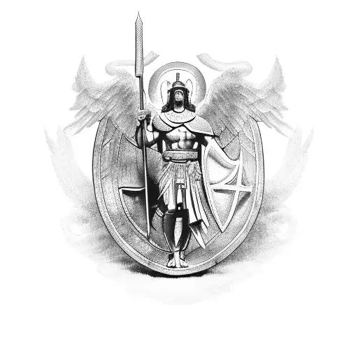 Archangel Michael With Greek Hoplite Helmet Carrying A Shield And On The Shield The German Cross