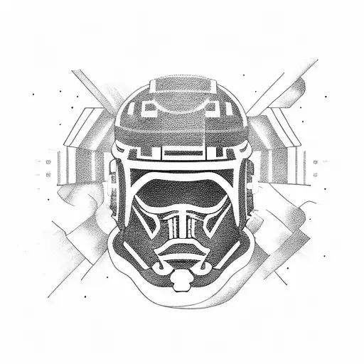 A Blackwork Tattoo Of The Client's Daughter Wearing A Football Helmet And Holding A Lightsaber